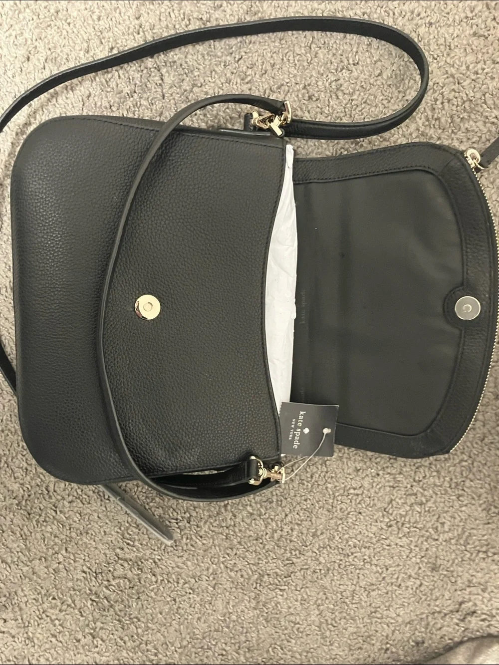 kate spade Black Pebbled Leather Flap Crossbody with Gold Hardware